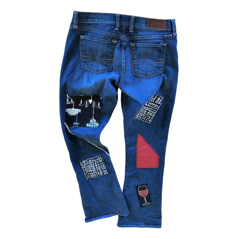 Upcycled Patchwork Jeans, Eclectic Wineglass Cityscape Design Size 6 - Picture 2 of 11